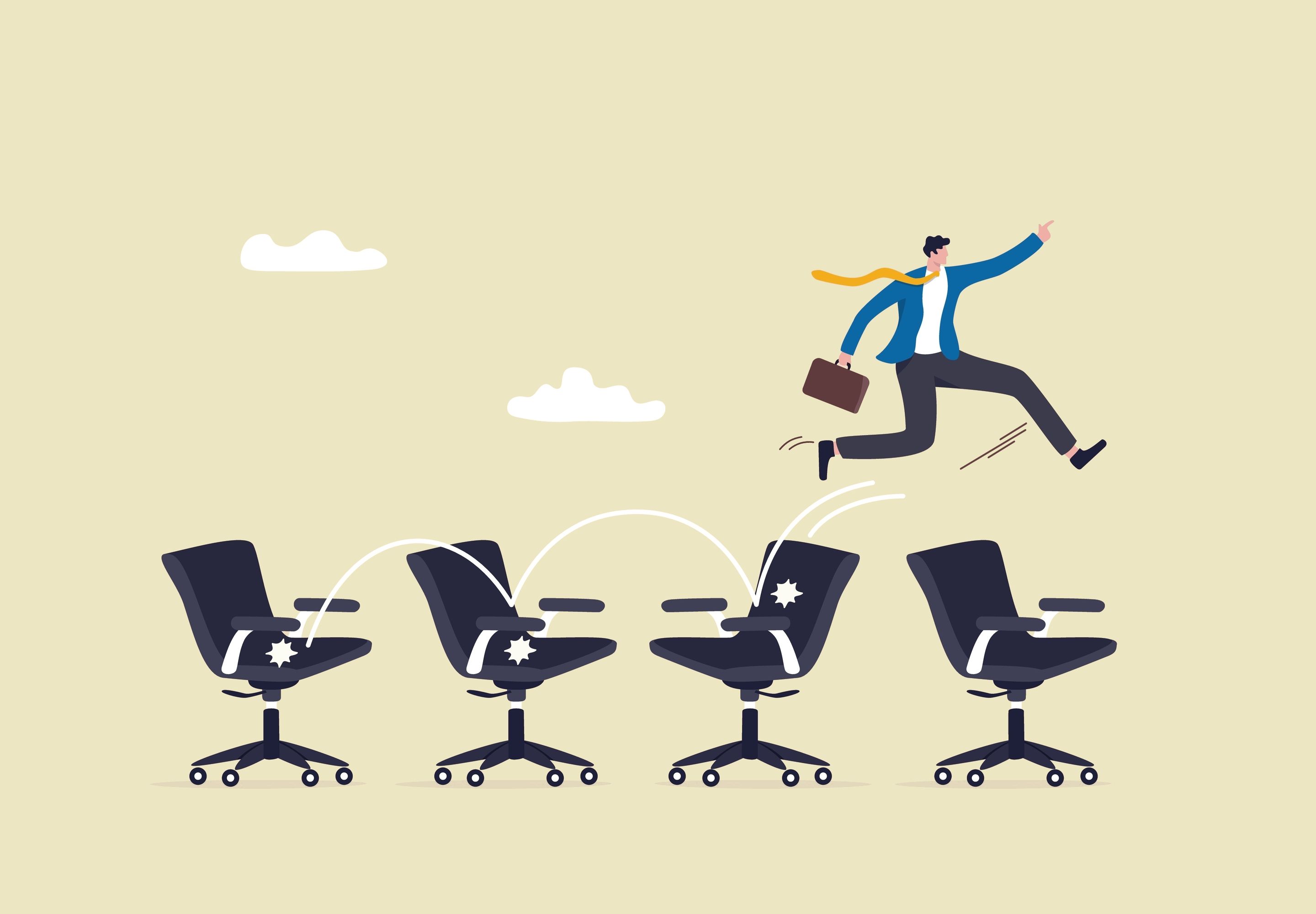 Illustration, hvor en person med habitjakke og attachémappe springer fra kontorstol til kontorstol