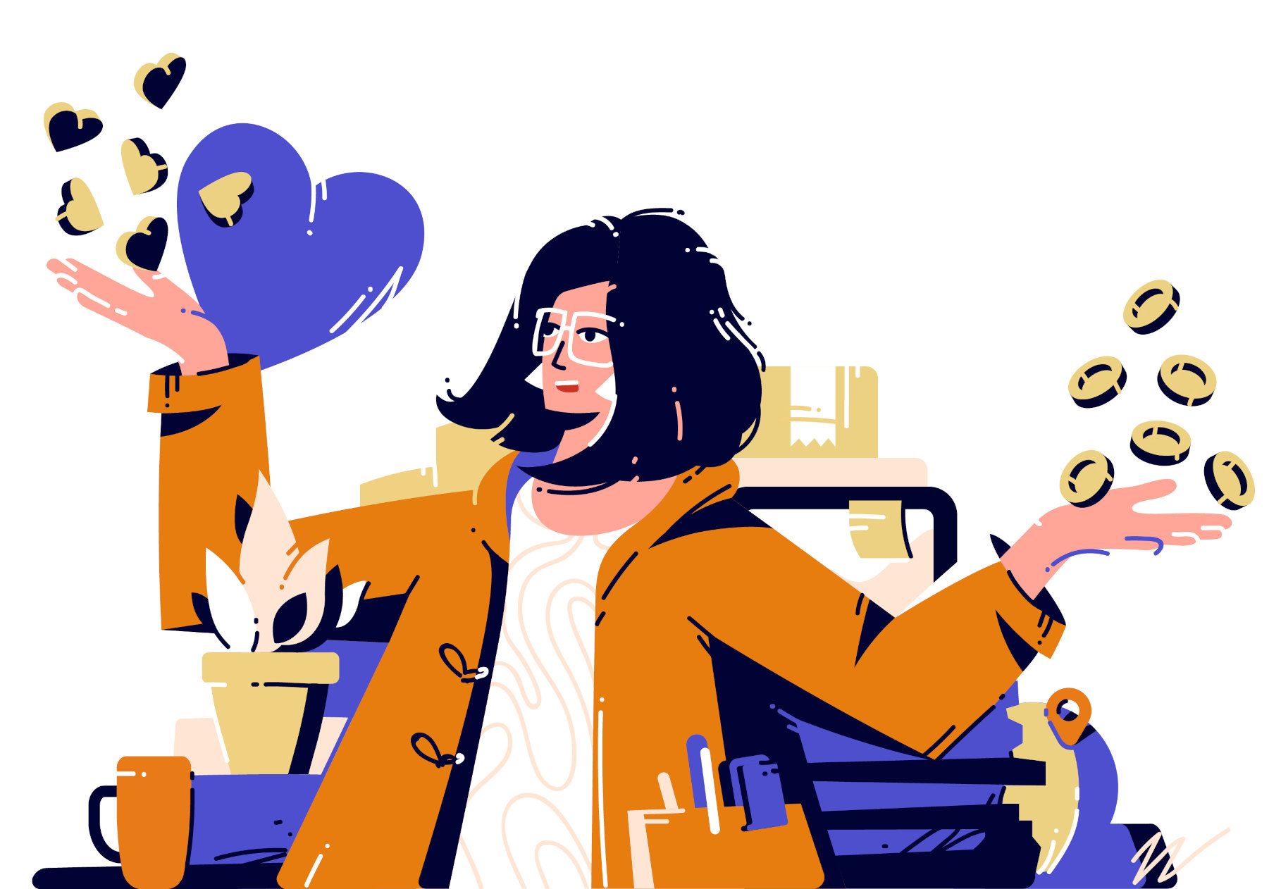 Illustration, hvor en person står foran et skrivebord med arbejdsopgaver og en skærm. Over den ene hånd svæver en lille stime af hjerter. Over den anden hånd hænger en tilsvarende flok af mønter.