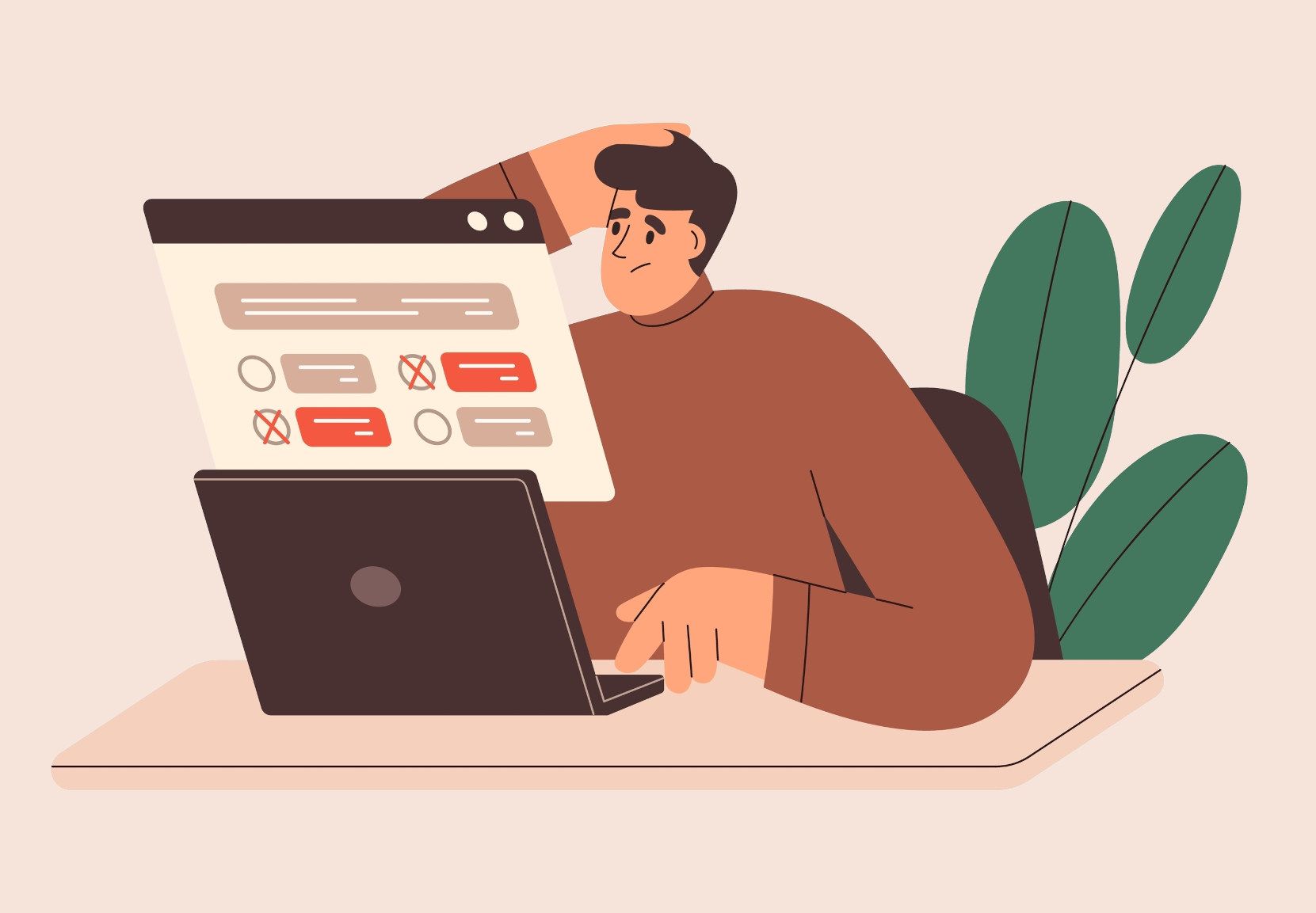 Illustration, hvor en ung person med et modfaldent ansigtsudtryk ser på en laptopskærm, der viser en liste med flere røde krydser