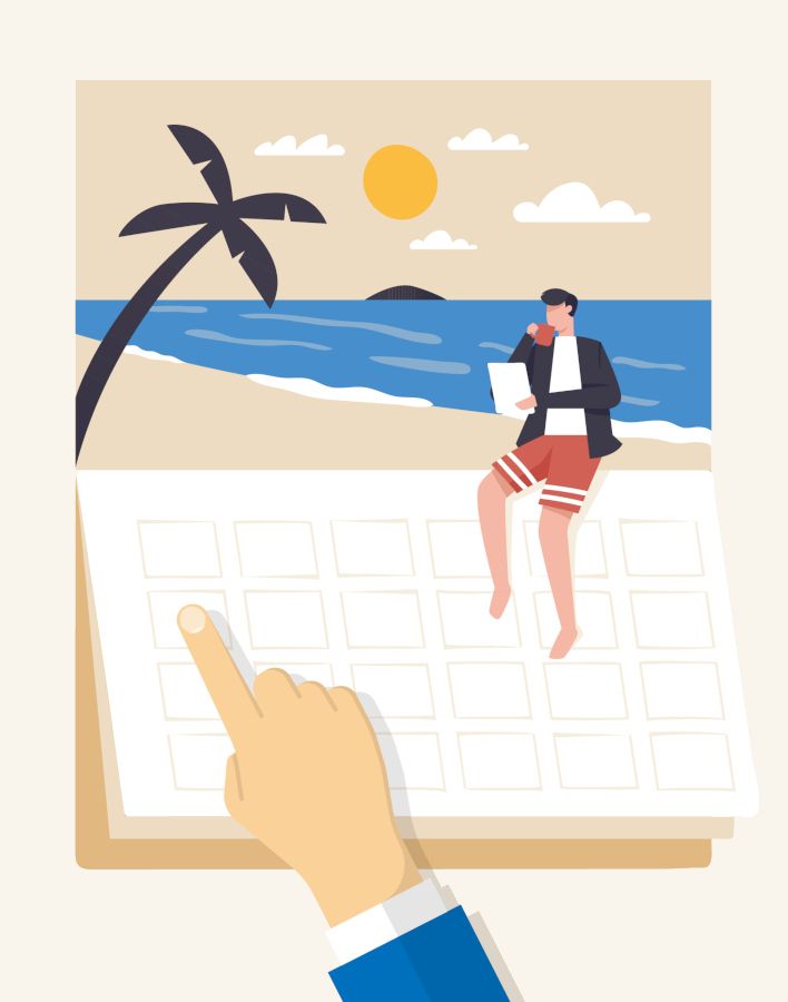Illustration, hvor en person sidder på kanten af en stor kalender med et billede af sol og palmer, mens en anden persons finger udpeger en dato i kalenderen