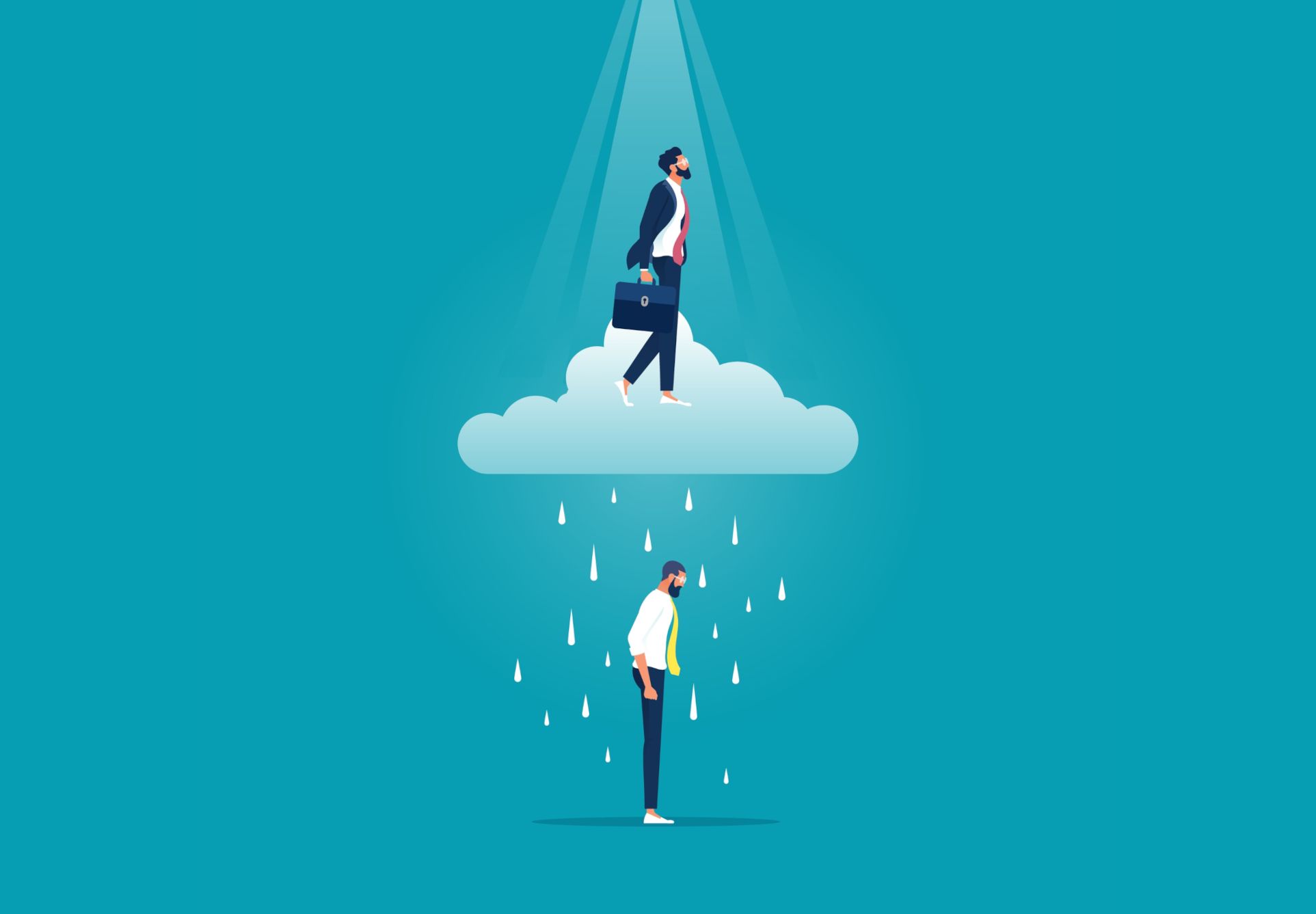Illustration, hvor en business-klædt person står oven på en sky, bestrålet af solskin, mens en person står under skyen og rammes af regndråber