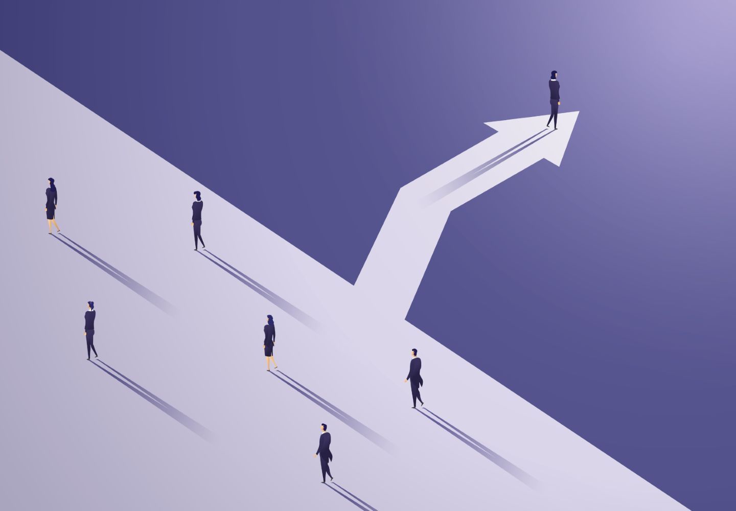 Illustration, hvor en håndfuld personer går i én og samme retning, mens en enkelt person tager en anden rute