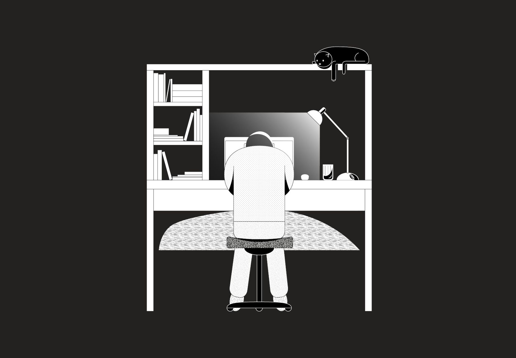 Illustration, hvor en studerende sidder ved sit skrivebord og knokler, måske med en eksamensopgave