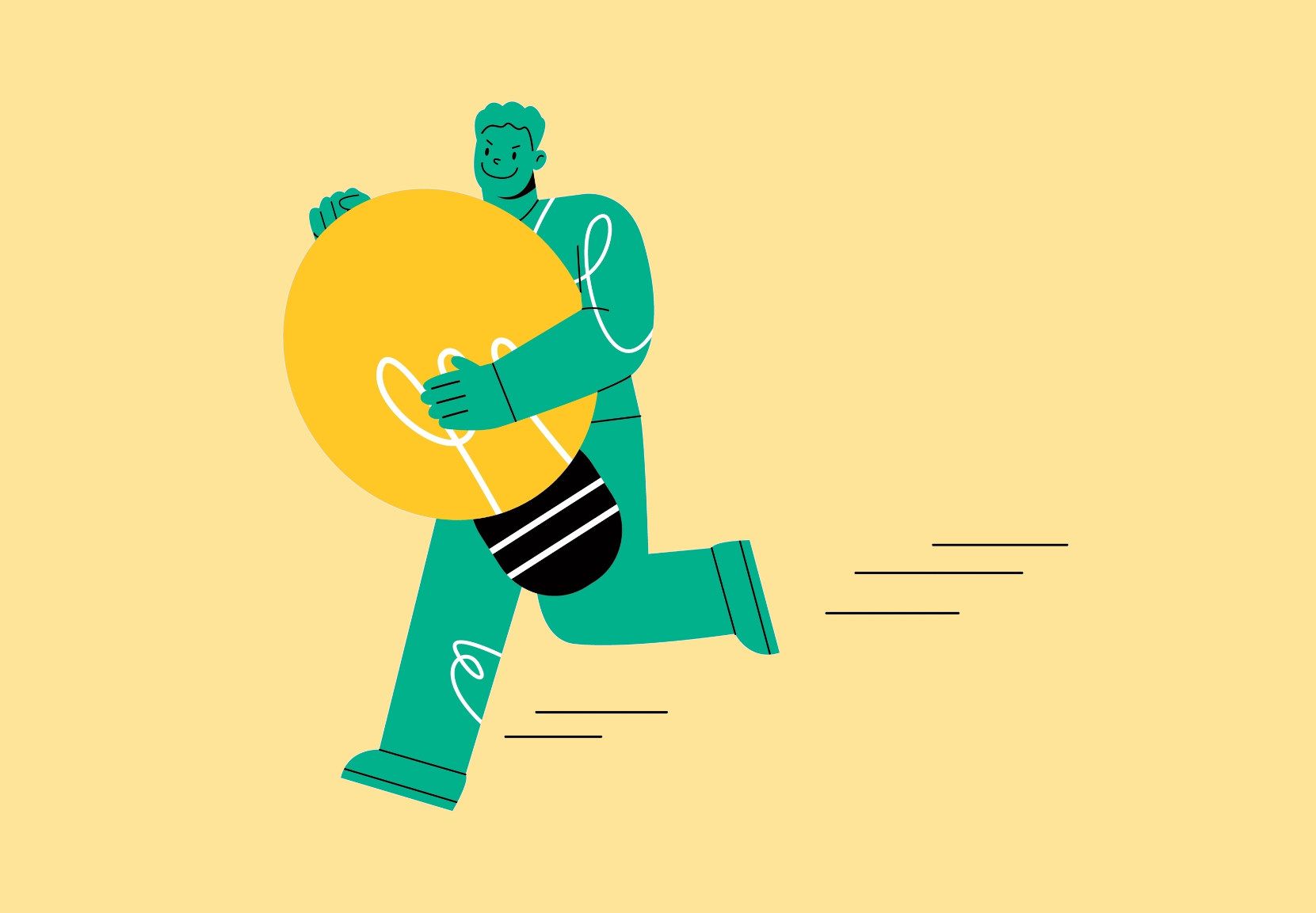 Illustration, hvor en person kommer med løbende med en enorm el-pære. Ansigtsudtrykket er drillende og indikerer, at personen har stjålet en lys idé.