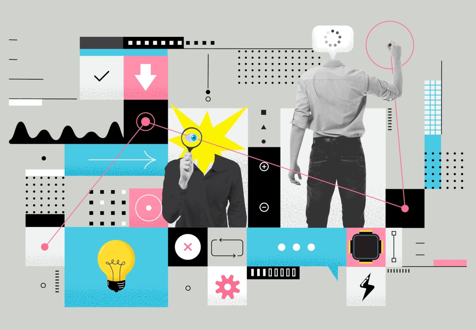 Collageillustration, der skal symbolisere komplekse organisationer og uvisse jobtitler