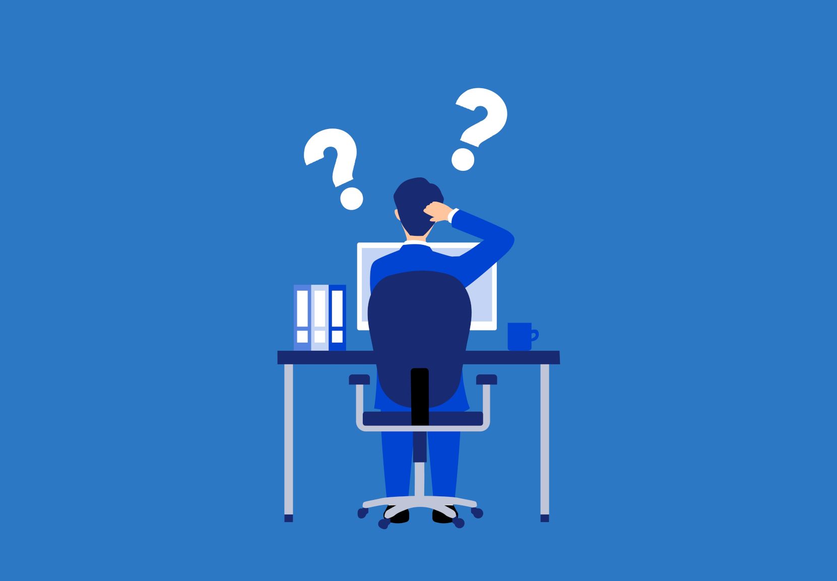 Illustration, hvor en person sidder ved en computer og undrer sig