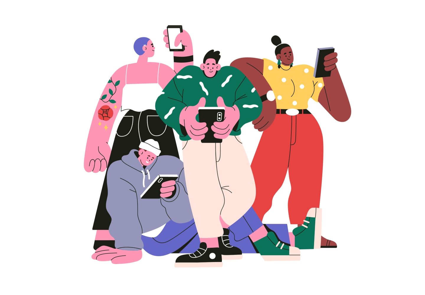 Illustration, der viser en gruppe unge mennesker, der alle koncentrerer sig om hver sin smartphone