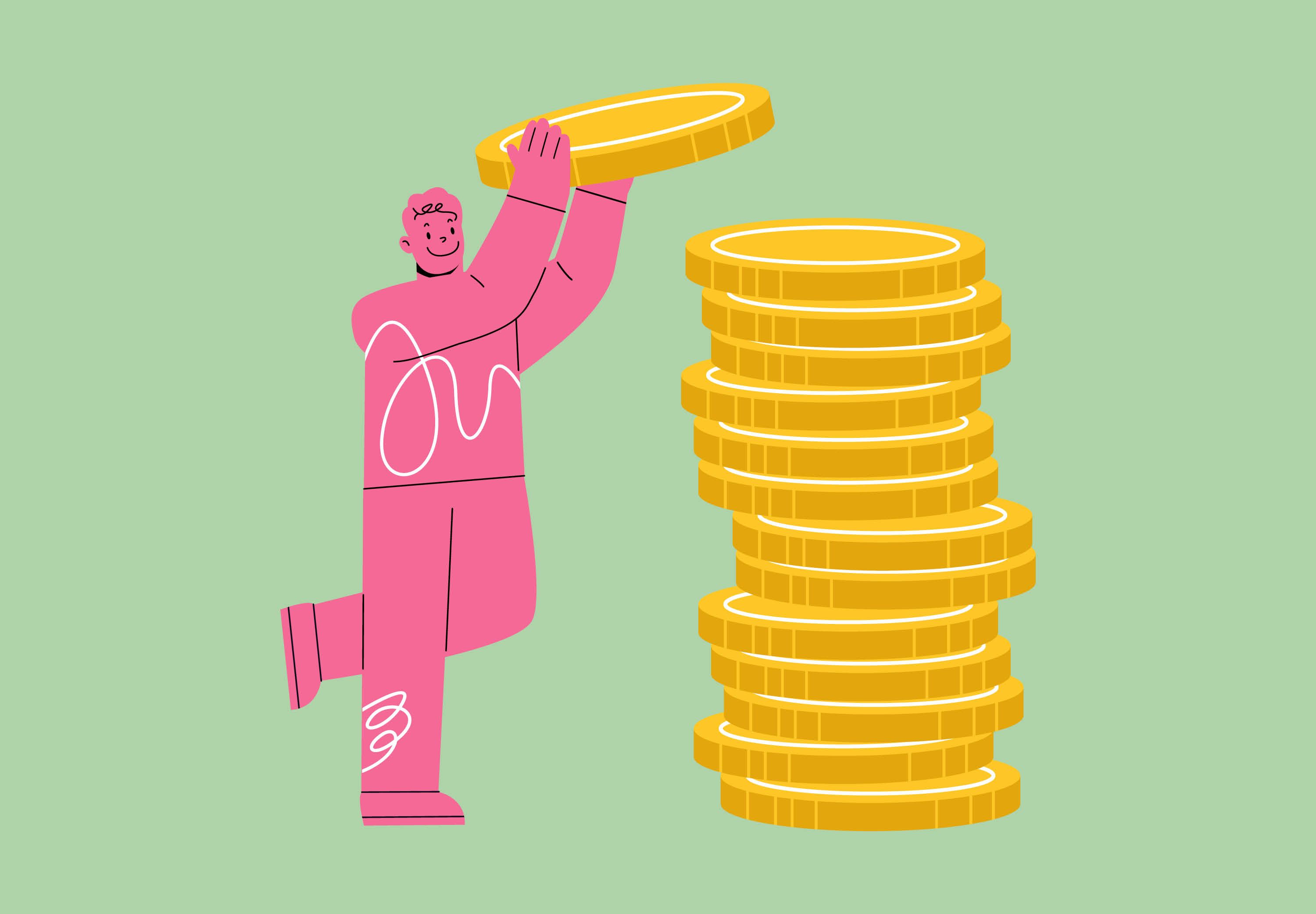Illustration af mand der lægger en mønt oven i en stor stak af mønte