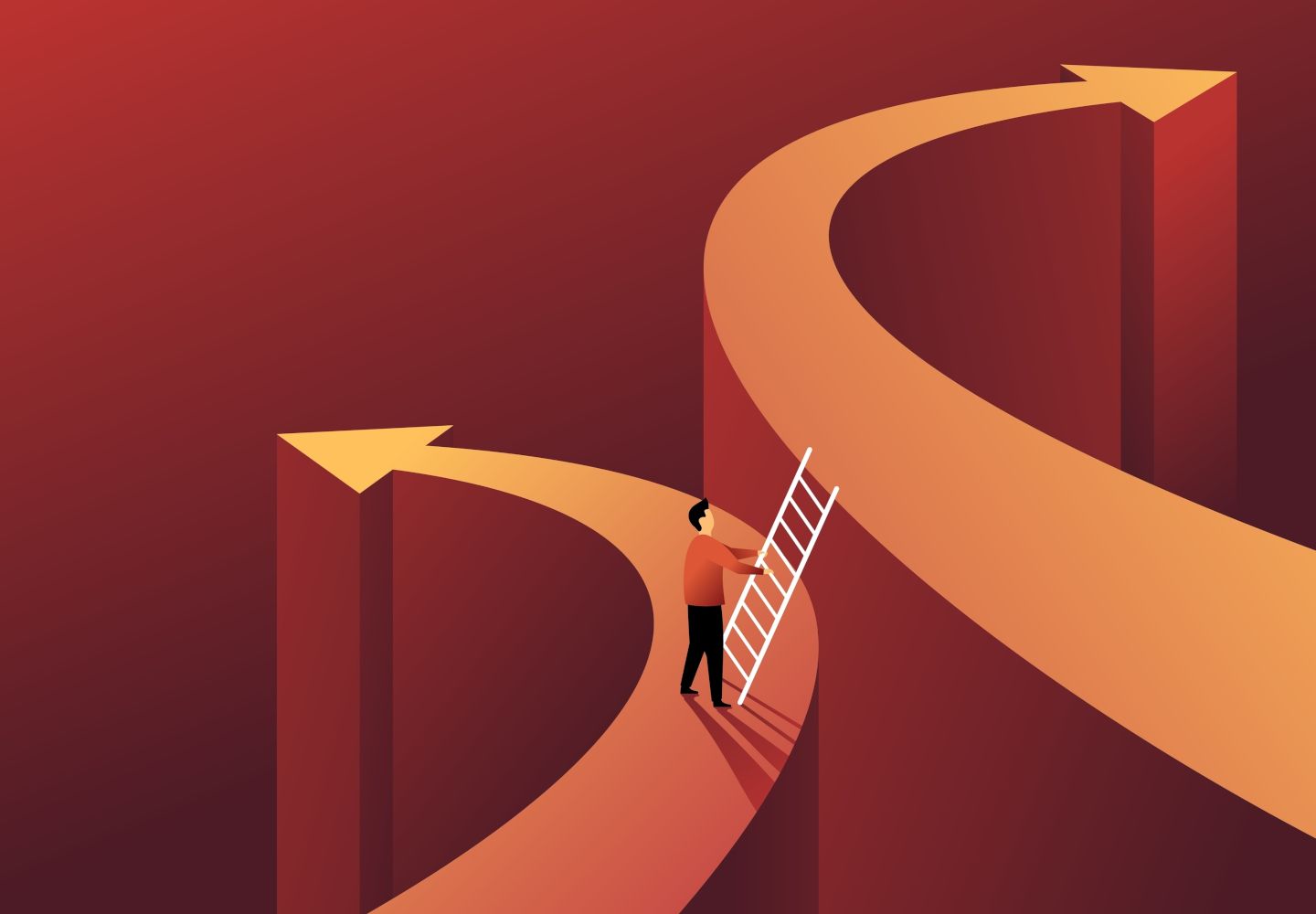 Illustration, hvor en person ved hjælp af en stige bevæger sig fra én sti til en anden sti, der er placeret højere oppe