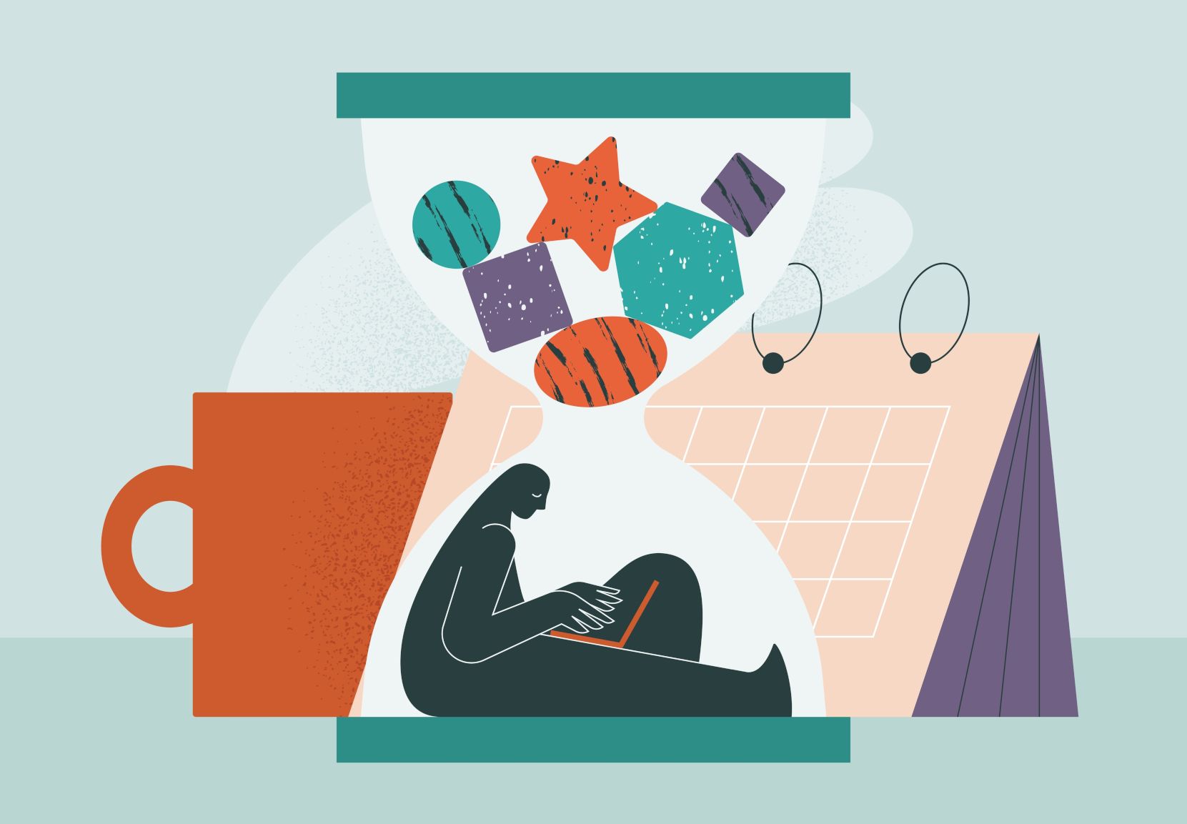 Illustration, hvor en person sidder inde i bunden af et timeglas - med en række geometriske former over sig i toppen af timeglasset. Udenfor står en stor kalender.