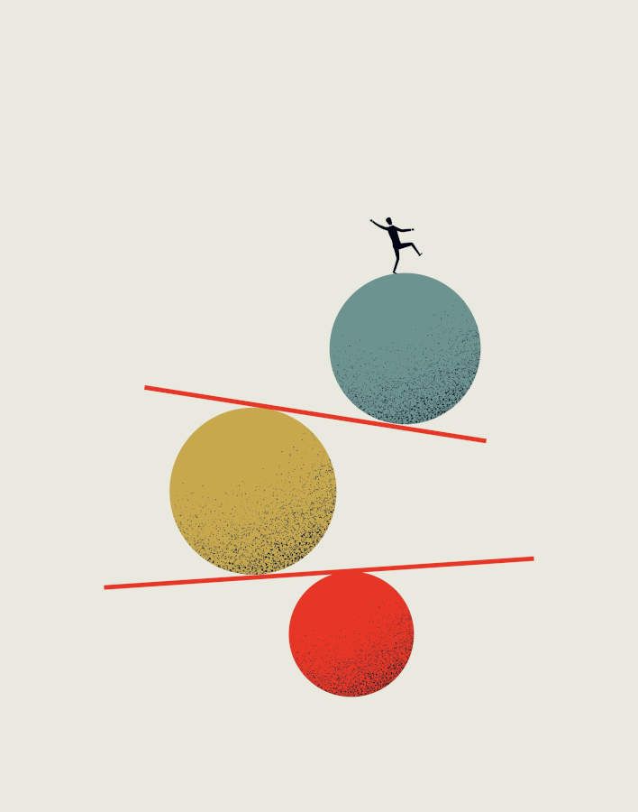 Tegning, hvor et spinkelt menneske kæmper for at balancere på en stor kugle, der selv balancerer oven på to andre store kugler