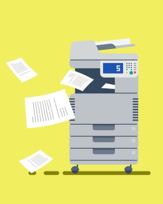 Tegning af kopimaskine omgivet af svævende papirer