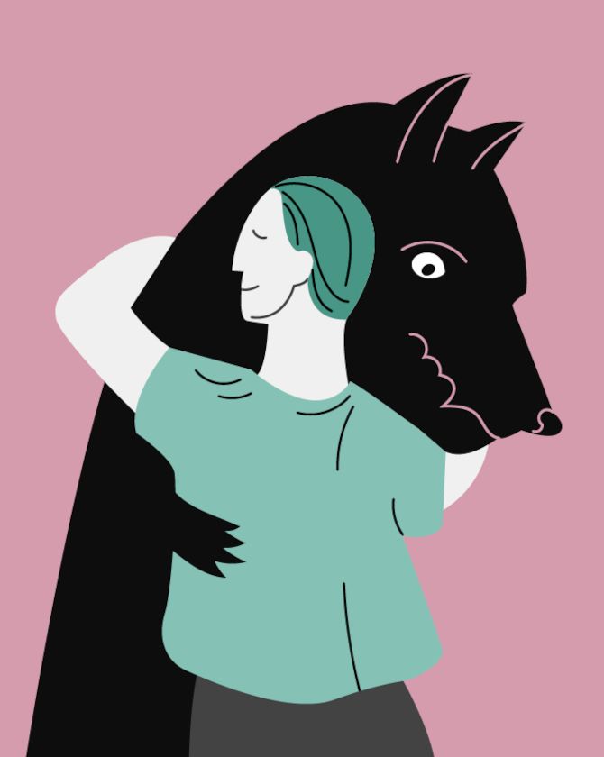 Tegning af en person, der omfavner en stor sort ulv