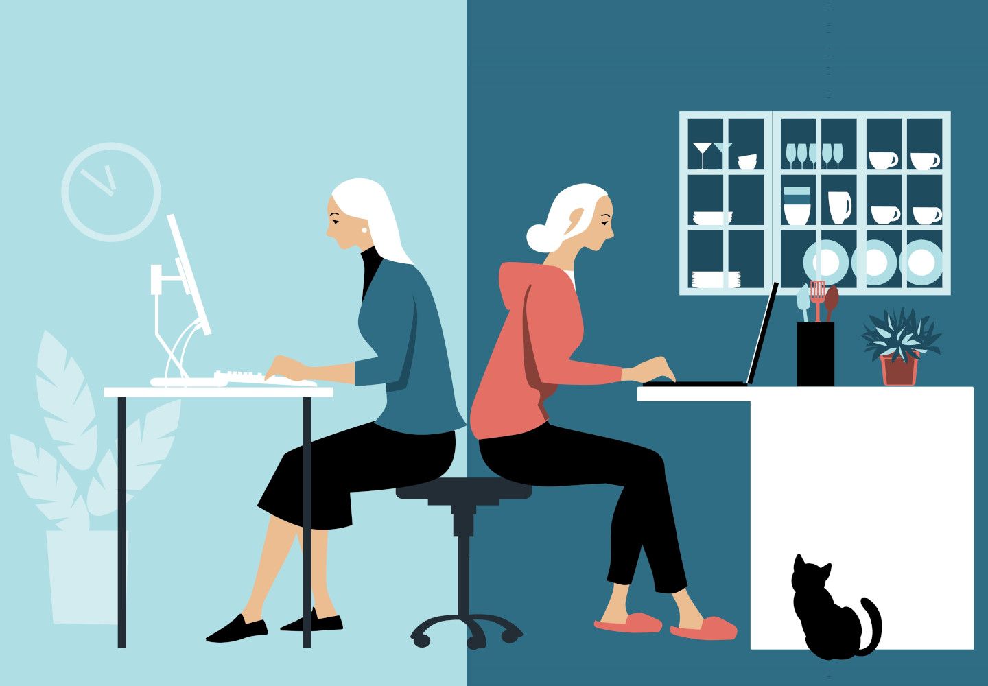 Tegning af kvinde i to forskellige arbejdssituationer - dels formelt klædt på et kontor, dels afslappet klædt i et køkken og med en kat ved sine fødder
