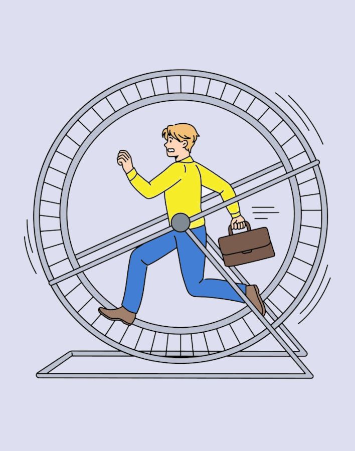 Tegning af ung mand, der løber i et hamsterhjul