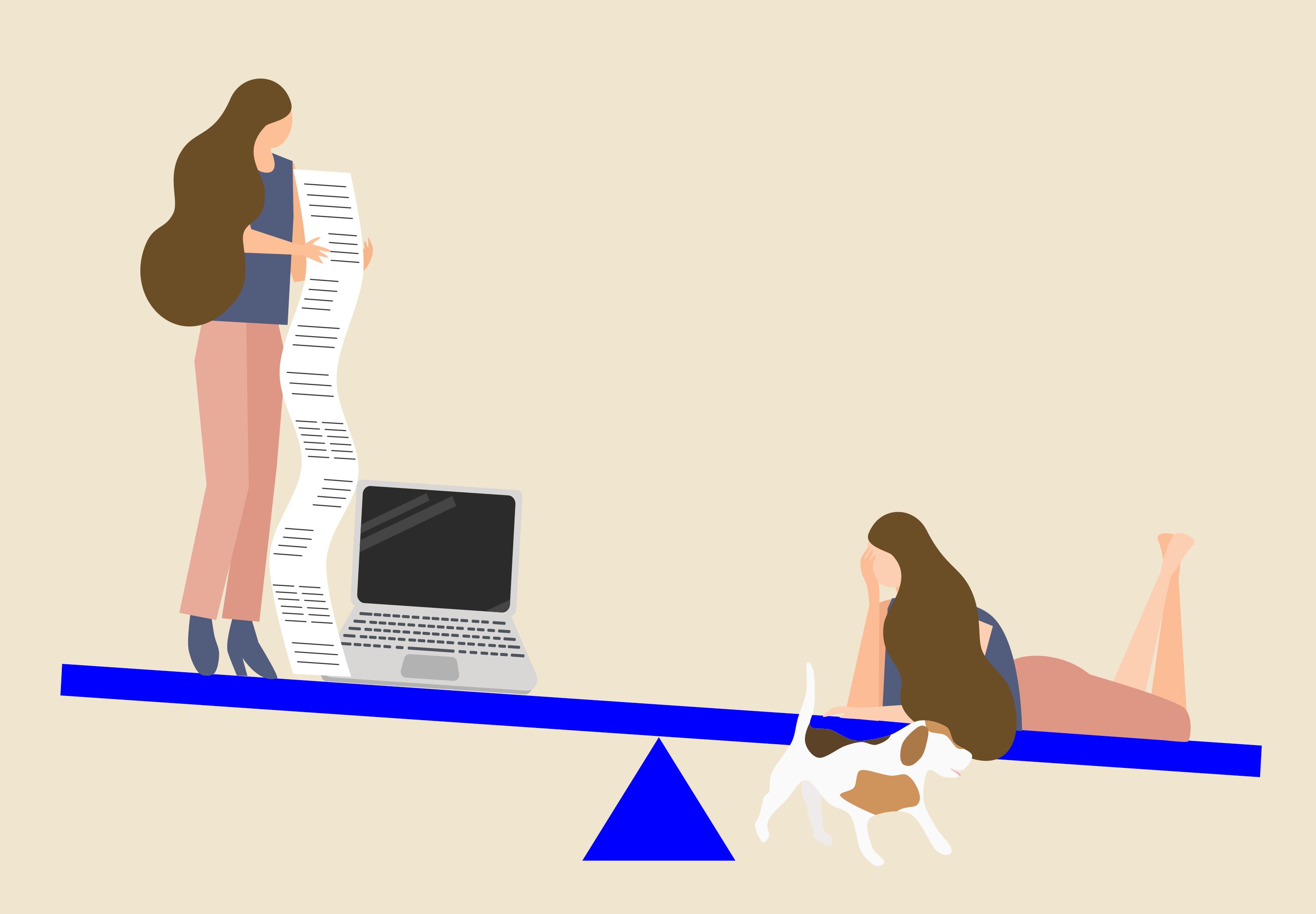 Illustration, hvor to versioner af samme kvinde befinder sig i hver sin ende af en slags balancebom. Den ene står med dokumenter og en computer, mens den anden ligger på maven ved siden af en hund. Bommen hælder ned mod den ende, hvor den liggende kvinde befinder sig.