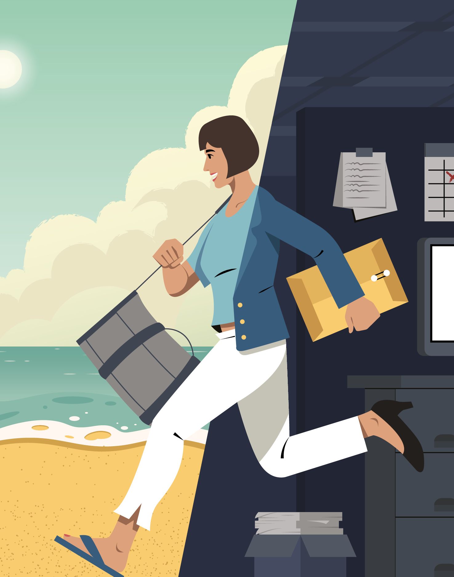 Illustration, hvor en person løber ud af et mørkt kontor for at komme ud på en solbeskinnet strand.