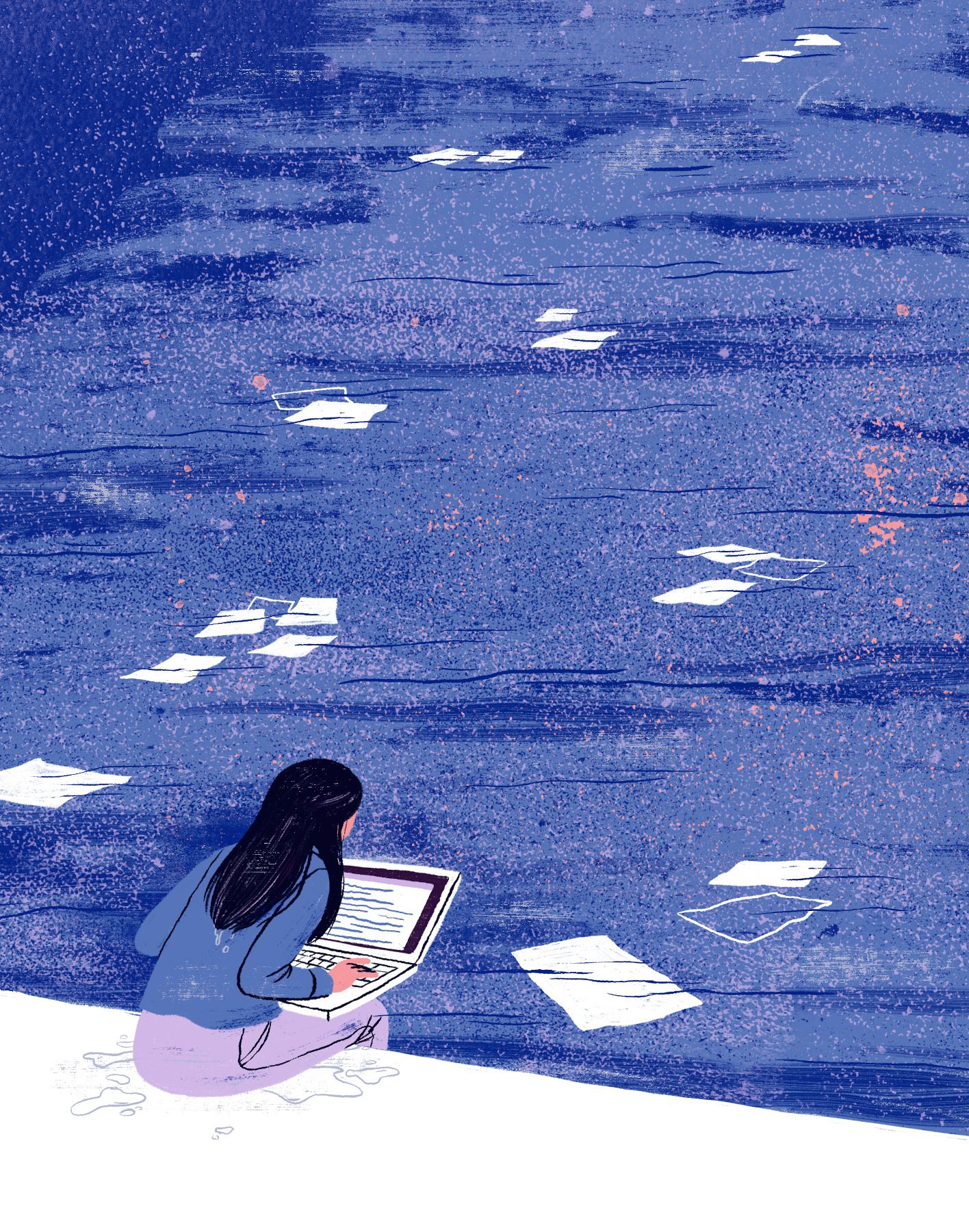 Illustration, hvor kvinde sidder ved en vandkant, På skødet har hun en laptop, mens vandet foran hende er fyldt med flydende dokumenter 