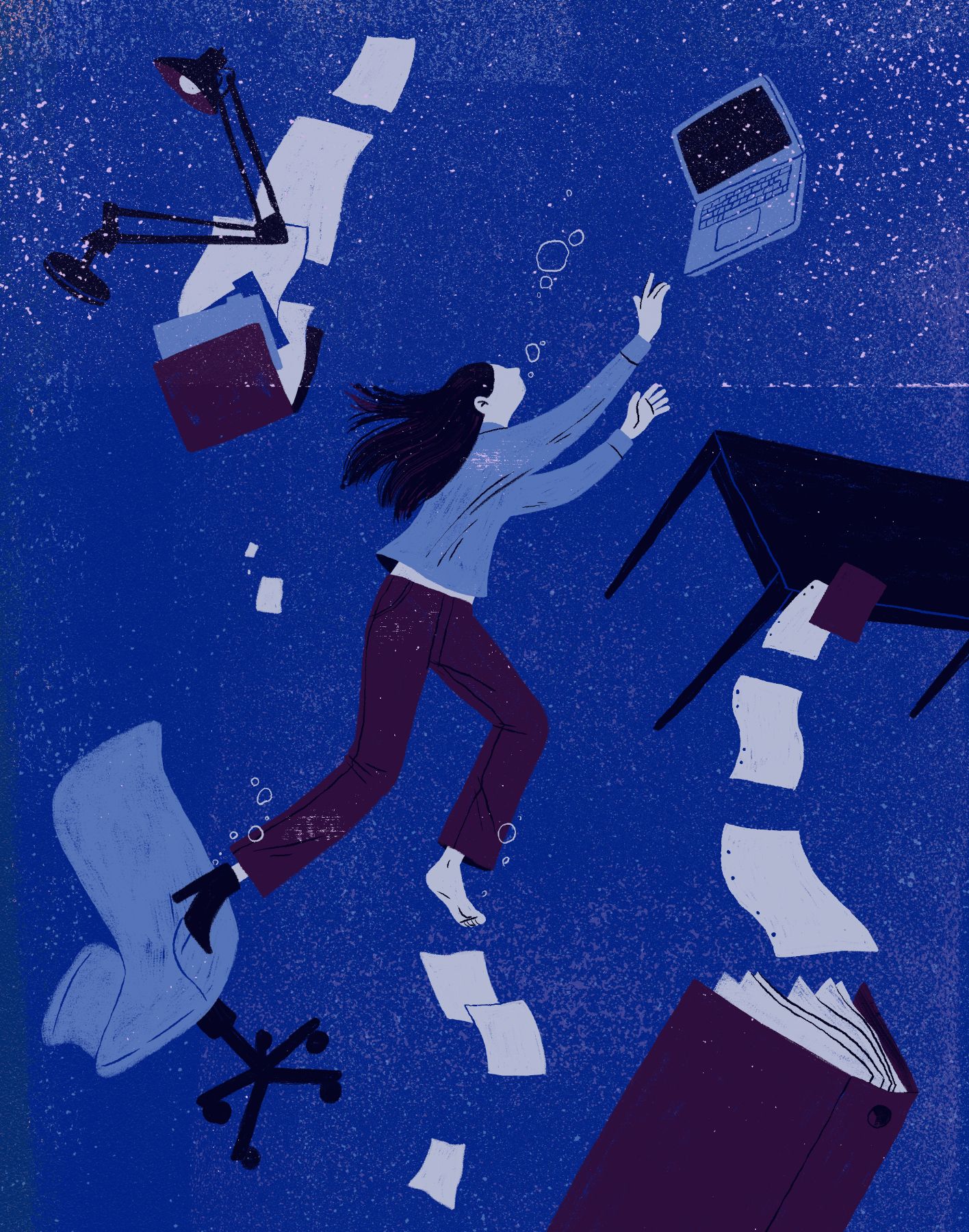 Illustration, hvor kvinde svømmer op gennem mørkeblåt vand, mens hun er omgivet af druknede objekter: En bog, en laptop, en kontorstol, en skrivebordslampe og en stribe dokumenter.