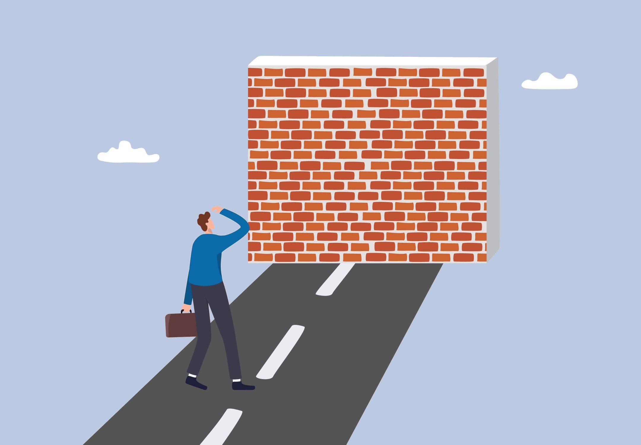 Illustration, hvor en person med attachémappe går ad en vej, men forude venter en stor mur, der spærrer hele vejen