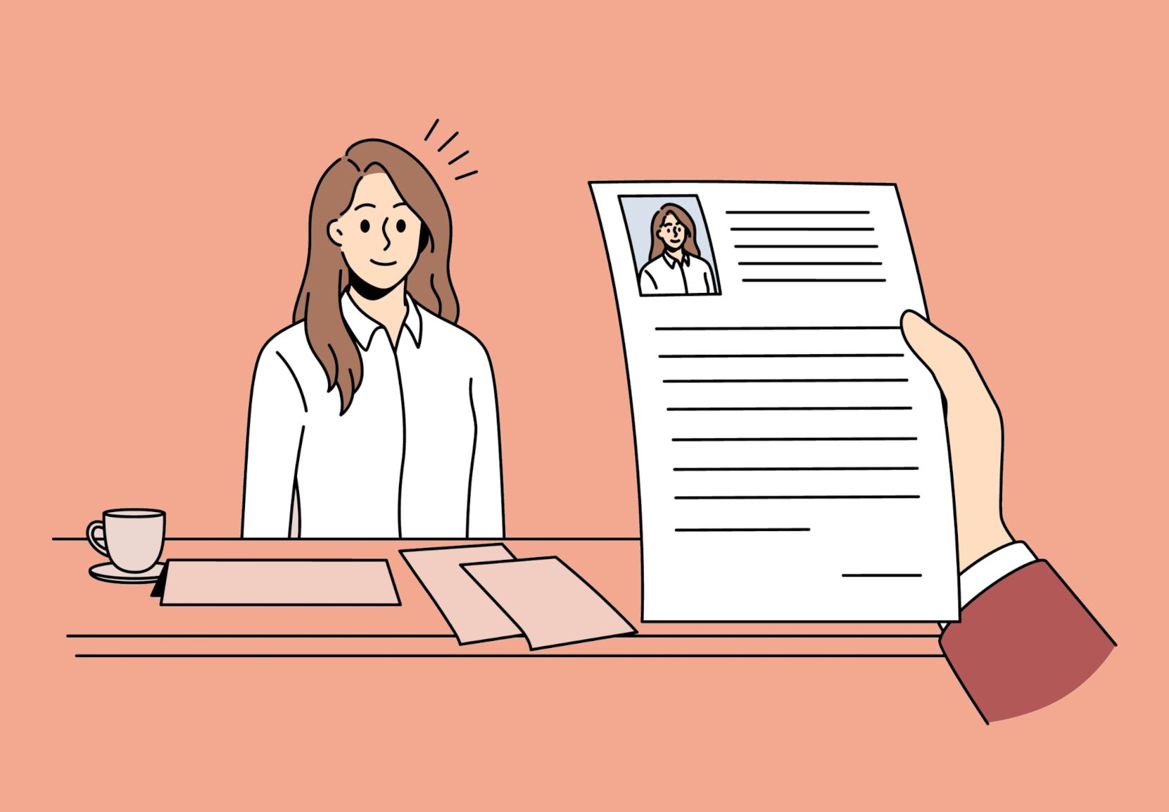Illustration, hvor en ung kvinde sidder til en jobsamtale. I udkanten af tegningen ses en hånd, der holder hendes ansøgning eller cv.